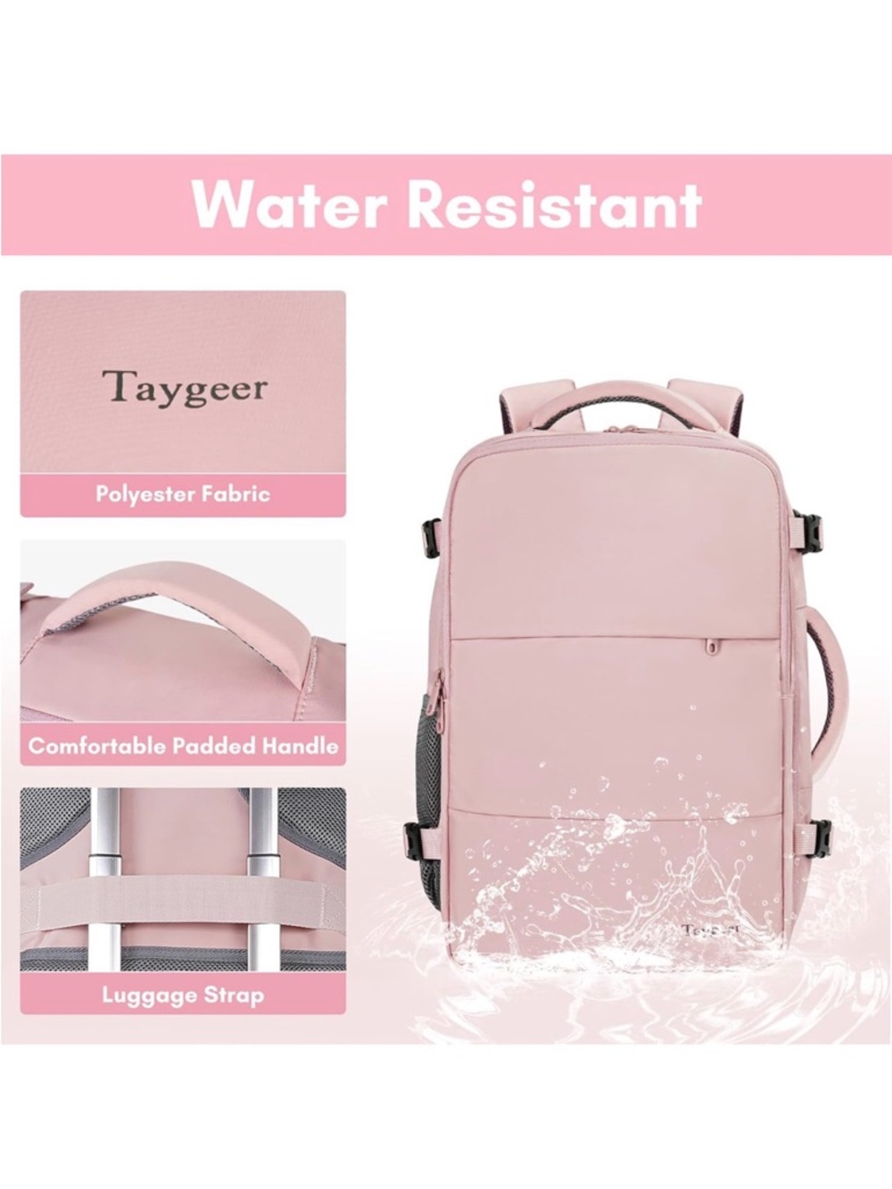NWOT Taygeer large Pink women's Travel Backpack 16.8 x 11 x 7 inches - Picture 5 of 5